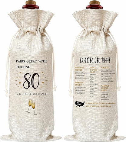 80th Birthday Wine Gift Bag, Cotton Burlap Wine Bags, 1944 Wine Bottle Cover Bag Birthday Gifts for Women, Men, Friends, Co-workers, Teachers, Grandpa, Grandma(02)