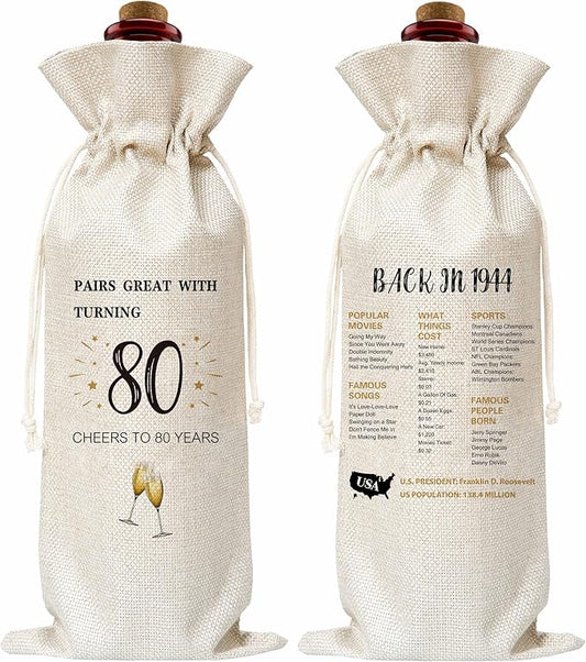 80th Birthday Wine Gift Bag, Cotton Burlap Wine Bags, 1944 Wine Bottle Cover Bag Birthday Gifts for Women, Men, Friends, Co-workers, Teachers, Grandpa, Grandma(02)