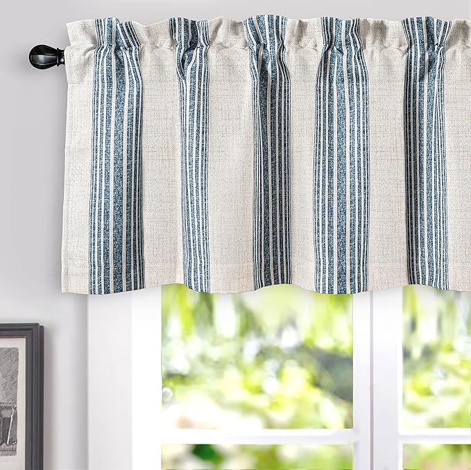 DriftAway Chris Linen Lined Valance Double Layer Thermal Insulated Room Darkening Blackout Valances 3 Inch Rod Pocket Vertical Striped Kitchen Valance for Bathroom 52 Inch by 14 Inch Jean Navy