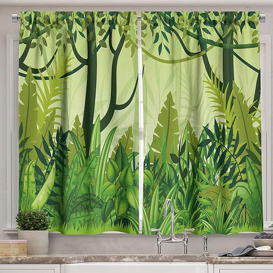 Ambesonne Plant Long Kitchen Curtains, Cartoon Style Jungle Depiction Hand Drawn Digital Rainforest Leaves Bushes Trees, Two Panels Drapes with Rod Pocket Room Decor, 55" x 45", Forest Green