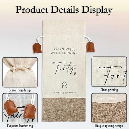 40th Birthday Wine Bag, Cotton Linen Wine Gift Bag With Drawstring, Wine Champagne Bottle Gift Bag, Forty Years Old Birthday Gifts Wine Bag for Woman Man, 40th Birthday Party Favors-5