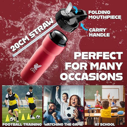 Liverpool FC Water Bottle with Straw - Metal Water Bottle for Soccer Fans Sports Work School Gym Liverpool Gifts for Men