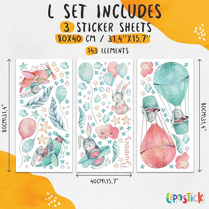 Bunny Wall Decals for Kids by Lipastick - 143 pcs Rabbits Wall Stickers Peel and Stick - Hot Air Balloon Wall Decals for Girls Boys Kids Baby Nursery Room Bedroom - Bunies Wall Decor Aircraft L Size