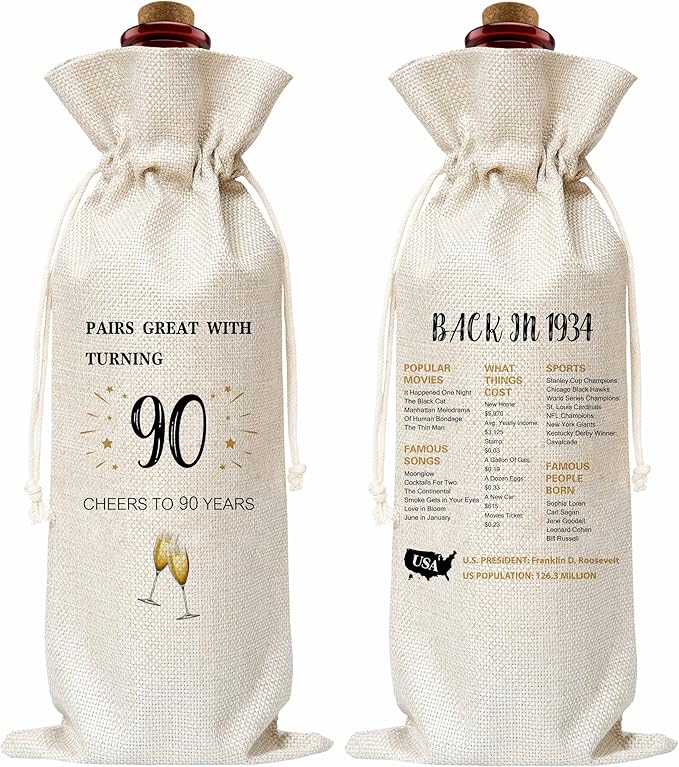 90th Birthday Wine Gift Bag, Cotton Burlap Wine Bags, 1934 Wine Bottle Cover Bag Birthday Gifts for Women, Men, Friends, Co-workers, Teachers, Grandpa, Grandma(01)