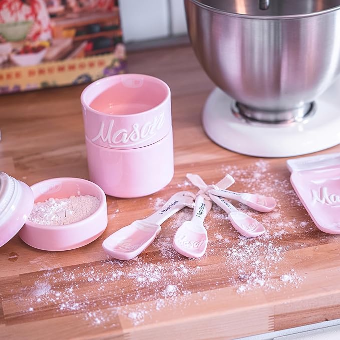 Mason Jar Kitchen Accessories Set - Ceramic Jar with Lid, Measuring Cups & Spoons, Utensil Holder for Stove, and Sponge Holder Ceramic - Vintage Utensil Rest & Condiment Shakers (Pink, 17-Pieces)