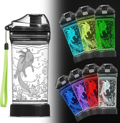 Axolotl Kids Water Bottle with 3D Glowing LED Light - 14 OZ Tritan BPA Free - Creative Ideal Travel Cup Gift for School Kid Boy Child Gamer Holiday Camping Picnic