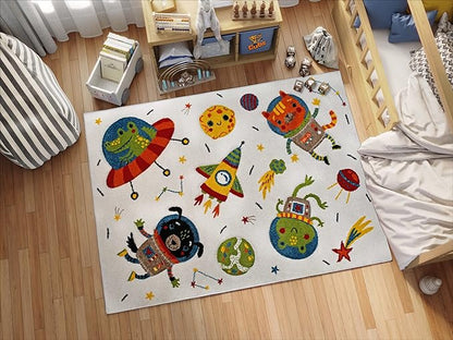 KC Cubs Boy & Girl Modern Decor Multicolor Area Rug and Carpet Collection for Kids, Toddlers and Baby Nursery, Animal Friends in Outer Space