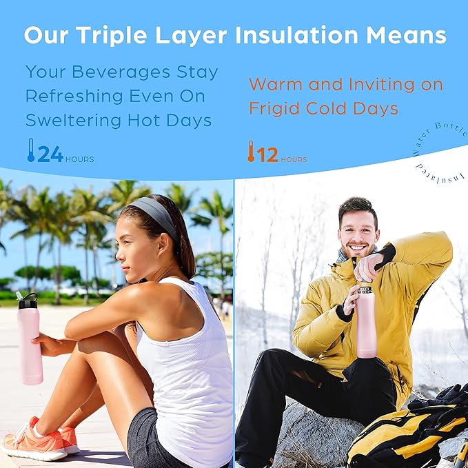 Insulated Stainless Steel Metal Water Bottle with Straw Lid - Vacuum Insulated Water Bottles, Keeps Hot and Cold - Sports Canteen Bottle