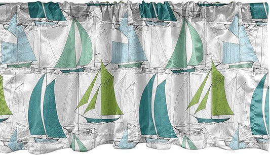 Ambesonne Nautical Window Valance, Sailing Boats on The Ocean Surfing Coastal Theme Marine Life Colorful Maritime, Curtain Valance for Kitchen Bedroom Decor with Rod Pocket, 54" X 12", Teal Green