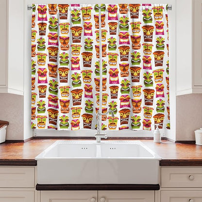 Ambesonne Tiki Bar Long Kitchen Curtains, Sixties Retro Inspired Hawaiian Party Happy Tiki Pattern Colorful, Two Panels Drapes with Rod Pocket Room Decor, 55" x 45", White Brown