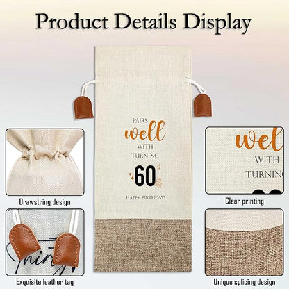 60th Birthday Wine Bag, Cotton Linen Wine Gift Bag With Drawstring, Wine Champagne Bottle Gift Bag, 60 Years Old Birthday Gifts for Woman Her Friend Sister, 60th Birthday Party Favors-29