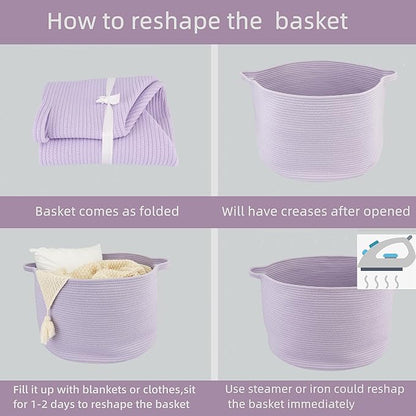 Large Cotton Rope Basket Blankets Basket Living Room 22"x14" Toy Basket for Kids Rope Storage Basket for Nursery Woven Laundry Basket for Clothes Baby Toy Storage round purple or Lavendor