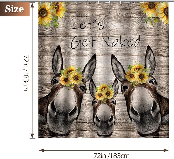 Aimego Donkey Sunflower Shower Curtain Farm Animal with Sunflower Wooden Rustic Country Farmhouse Shower Curtain Set with 12 Hooks for Bathroom Decor Accessories Bathtub Curtain, 72"x72"