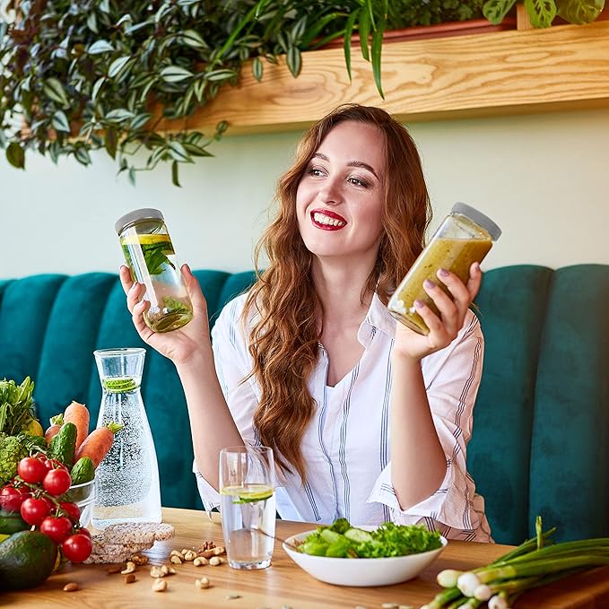 All About Juicing Clear Glass Water Bottles Set - 6 Pack Wide Mouth with Lids for Juice, Smoothies, Beverage Storage - 16 oz, Durable, Reusable, Dishwasher Safe, Leak Proof (Grey Caps)