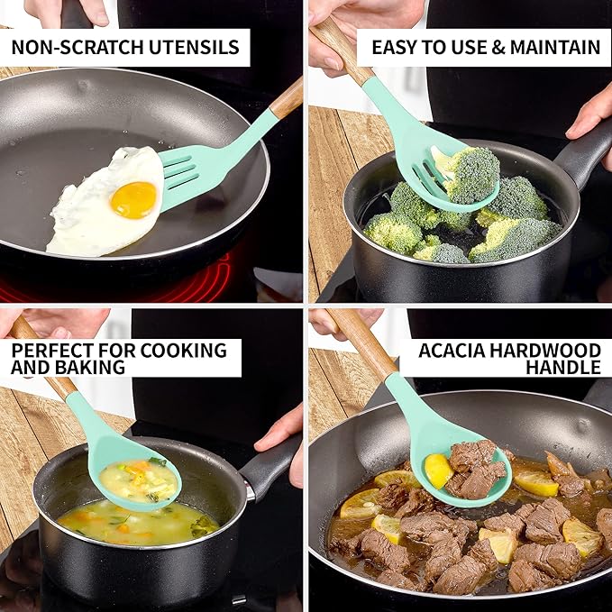 Zulay Non-Stick Silicone Cooking Utensils Set with Authentic Acacia Wood Handles - 5 Piece Silicone Kitchen Utensils Set (Aqua)