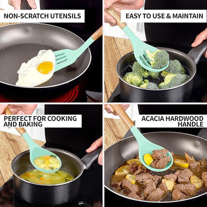 Zulay Non-Stick Silicone Cooking Utensils Set with Authentic Acacia Wood Handles - 5 Piece Silicone Kitchen Utensils Set (Aqua)