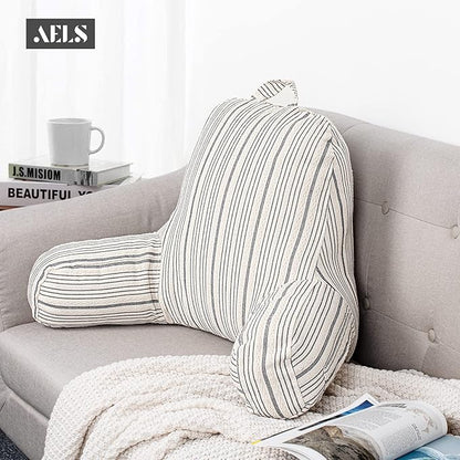 AELS Large Reading Pillow Replacement Cover with Arms and Pockets, 18" Beige with Gray Stripes Textured Linen Backrest Pillow Cover Fits Standard Size Pillows (Cover ONLY)