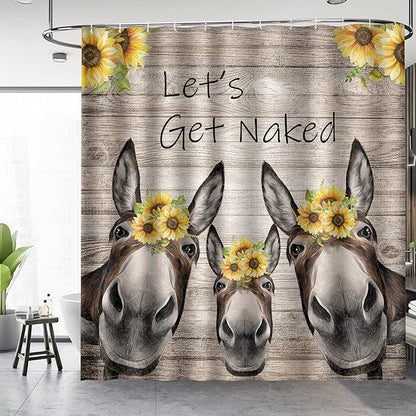 Aimego Long Farmhouse Shower Curtain - Country Get Naked Donkey Sunflower Rustic Wooden Fabric Cloth Bath Shower Curtain Set with 12 Hooks Bathroom Decor Accessories Bathtub Curtain, 72"x78"