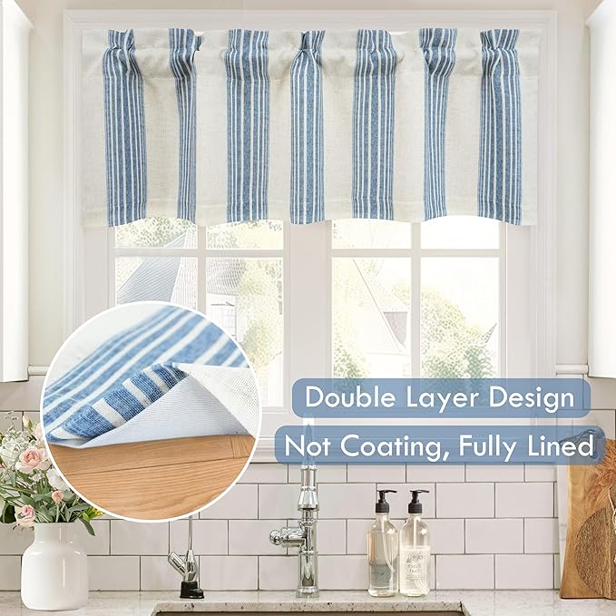 DriftAway Chris Linen Lined Valance Double Layer Thermal Insulated Room Darkening Blackout Valances 3 Inch Rod Pocket Vertical Striped Kitchen Valance for Bathroom 52 Inch by 24 Inch Jean Navy
