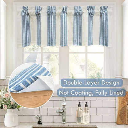 DriftAway Chris Linen Lined Valance Double Layer Thermal Insulated Room Darkening Blackout Valances 3 Inch Rod Pocket Vertical Striped Kitchen Valance for Bathroom 52 Inch by 24 Inch Jean Navy