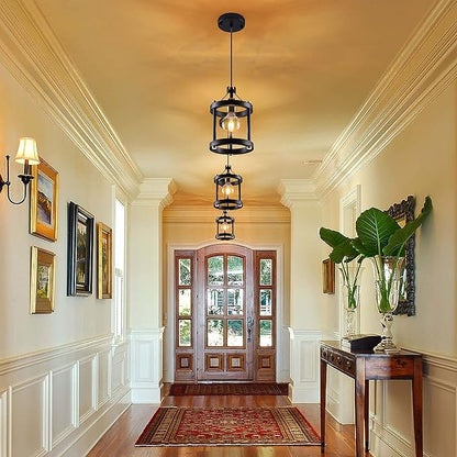 MO&OK Chandelier Set of 3 Vintage Pendant Light Fixture, Black Farmhouse Wooden Metal Chandeliers, Open Frame Hanging Lighting for Diningroom,Bar,Entrance Hall,Kitchen Island Living Room