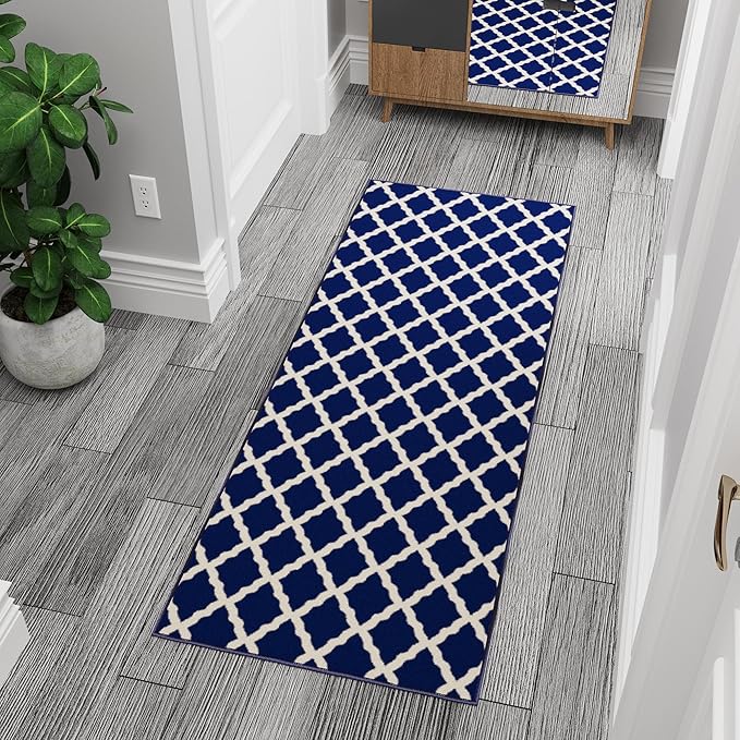 Machine Washable Moroccan Trellis Design Non-Slip Rubberback 2x6 Traditional Indoor Runner Rug for Hallway, Kitchen, Bedroom, 2'2" x 6', Navy