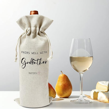 Godfather Wine Gift Bags - Gift for Godfather, Uncle, Godparent, Baptism - Reusable Burlap With Drawstring Gift Bag (5.5"x 13.5")-1 Pcs/jiu065