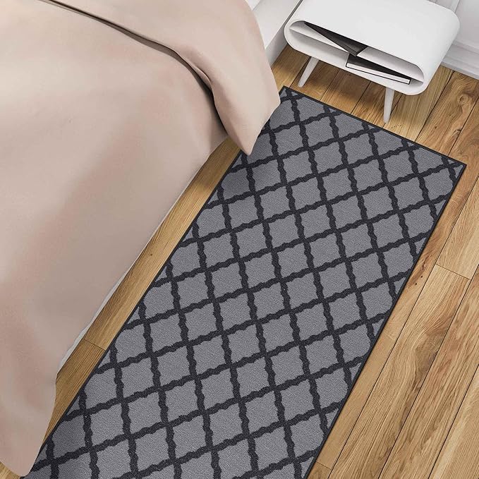 Machine Washable Moroccan Trellis Design Non-Slip Rubberback 2x6 Traditional Indoor Runner Rug for Hallway, Kitchen, Bedroom, 2'2" x 6', Dark Gray