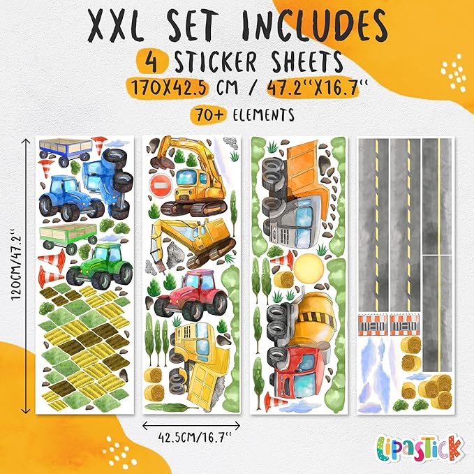 Large Car Wall Decals for Kids by Lipastick - 58 pcs Transports Wall Stickers Peel and Stick Truck Stickers – Construction Cars Wall Decal - Tractor Excavator City Nursery Playroom Wall Décor XXL Size