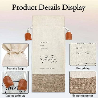 30th Birthday Wine Bag, Cotton Linen Wine Gift Bag With Drawstring, Wine Champagne Bottle Gift Bag, Thirty Years Old Birthday Gifts Wine Bag for Woman Man, 30th Birthday Party Favors-32