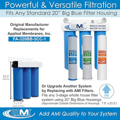 Applied Membranes Inc. 3-Stage Whole-House Water Filter Cartridge Replacements, 20-Inch Carbon and Sediment Filter Cartridges