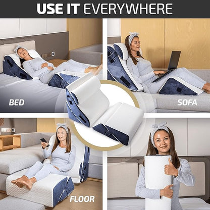 5pcs Orthopedic Bed Wedge Pillow Set w/Leg Elevation Pillow - Perfect Adjustable Memory Foam Pillows for After Surgery Recovery, Back Support, Pain Relief, Acid Reflux, Sleeping & GERD