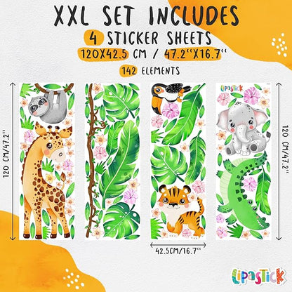 Large Safari Animal Wall Decals for Kids by Lipastick - 142 pcs Jungle Animal Wall Stickers for Kids Baby Girl Boy Room - Creative Nursery Vinyl Wall Decal - Elephant Giraffe Crocodile Parrot XXL Size