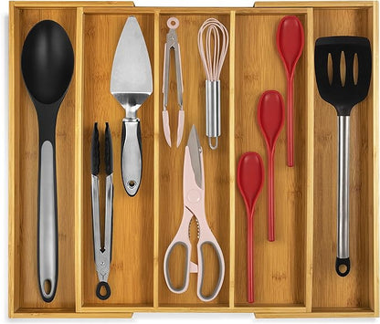 Purawood 2 PACK Large Premium Bamboo Silverware Organizer - Expandable Kitchen Drawer & Utensil Organizer, 17.5" x 19.75" Cutlery Tray with Drawer Dividers for Kitchen Flatware…