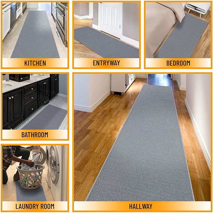 Machine Washable Modern Solid Design Non-Slip Rubberback 3x10 Traditional Runner Rug for Hallway, Kitchen, Bedroom, Living Room, 2'7" x 9'10", Gray