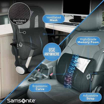 SAMSONITE Lumbar Support Pillow For Office Chair and Car Seat, Perfectly Balanced Memory Foam , Versatile Use Lower Back Cushion