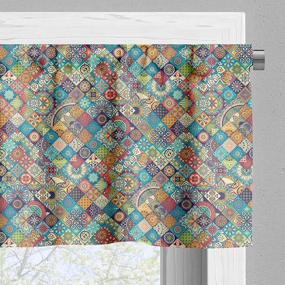 Ambesonne Bohemian Valance & Tier Curtain 3 pcs Set, Geometric Pattern Ornamental Floral Folk Art Abstract, Window Treatments for Kitchen Room Decor, 55" x 30", Blue Cream