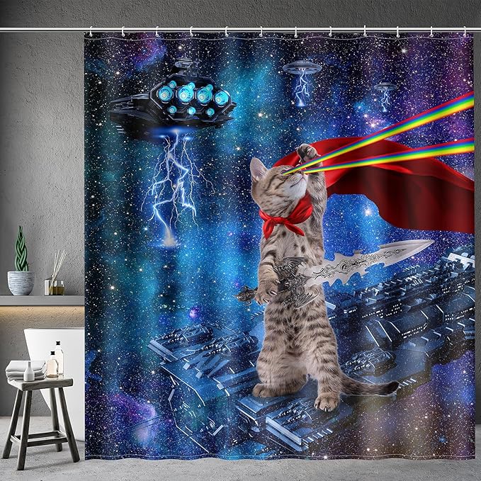Aimego Long Funny Shower Curtain - Cute Cool Cat on Fantasy Outer Space Galaxy Universe UFO Fun Fabric Cloth Shower Curtain Set with 12 Hooks for Bathroom Decor Accessories Bathtub Curtain, 72"x78"