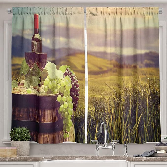 Ambesonne Wine Long Kitchen Curtains, Italy Tuscany Landscape Rural Vineyard Autumn Harvest Grapes Drink Viticulture, Two Panels Drapes with Rod Pocket Room Decor, 55" x 45", Black Taupe