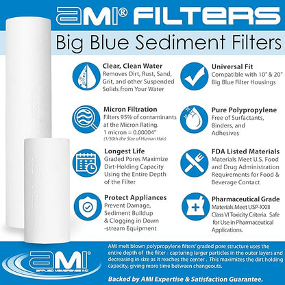 APPLIED MEMBRANES INC. Whole House Water Filter Replacement Filter Cartridge Set for Iron Reduction | 3 Stage 4.5” x 20” Sediment, Carbon, & Iron Filters | Fits 20-inch Big Blue Housings
