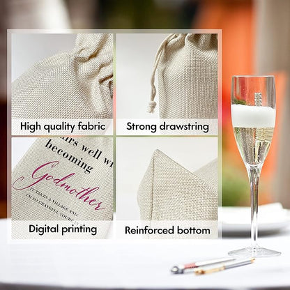 Godmother Wine Gift Bags - Gift for Godmother, Aunt, Godparent, Baptism - Reusable Burlap With Drawstring Gift Bag (5.5"x 13.5")-1 Pcs/jiu070