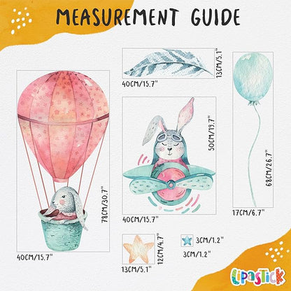 Bunny Wall Decals for Kids by Lipastick - 156 pcs Rabbits Wall Stickers Peel and Stick - Hot Air Balloon Wall Decals for Girls Boys Kids Baby Nursery Room Bedroom - Bunnies Wall Décor XXL Size