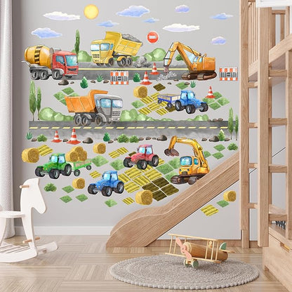 Large Car Wall Decals for Kids by Lipastick - 58 pcs Transports Wall Stickers Peel and Stick Truck Stickers – Construction Cars Wall Decal - Tractor Excavator City Nursery Playroom Wall Décor XXL Size