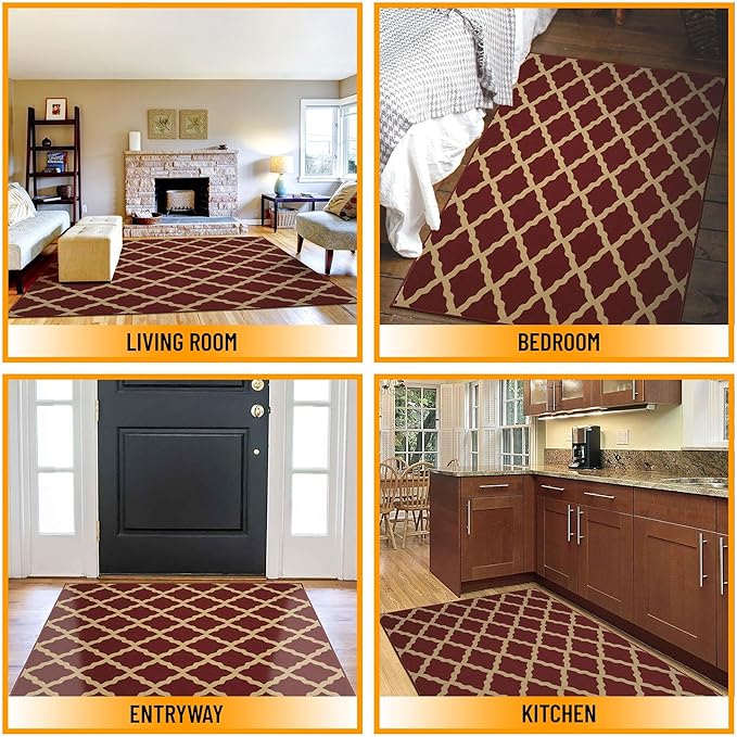 Machine Washable Trellis Design Non-Slip Rubberback 5x7 Traditional Area Rug for Living Room, Bedroom, Kitchen, Dining Room, 5' x 6'6", Red