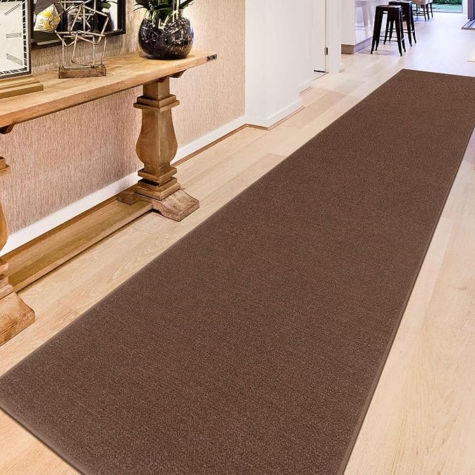Machine Washable Modern Solid Design Non-Slip Rubberback 2x5 Traditional Runner Rug for Hallway, Kitchen, Bedroom, Entryway, 20" x 59", Brown