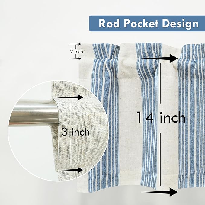 DriftAway Chris Linen Lined Valance Double Layer Thermal Insulated Room Darkening Blackout Valances 3 Inch Rod Pocket Vertical Striped Kitchen Valance for Bathroom 52 Inch by 14 Inch Jean Navy