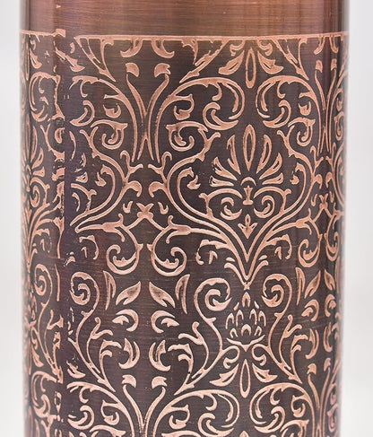 VJR Copper Bottle for Drinking Water 33 Oz Ayurvedic Leak Proof lid Floral Engraved Design Durable Lightweight Hand Washable Vessel Clean Cool Water Natural Minerals Boost Energy Safe Water Utensil