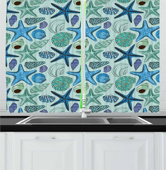 Ambesonne Starfish Kitchen Curtains, Aquarium Inspired Composition Tropical Seashells and Scallops Cockles and Clams, Window Drapes 2 Panel Set for Kitchen Cafe Decor, 55" x 24", Blue Seafoam