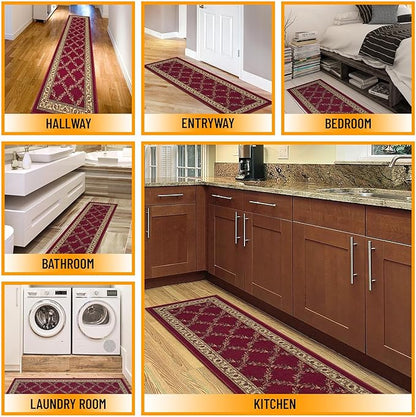 Machine Washable Trellis Design Non-Slip Rubberback 2x5 Modern Runner Rug for Hallway, Kitchen, Living Room, Bedroom, Entryway, 20" x 59", Red Trellis