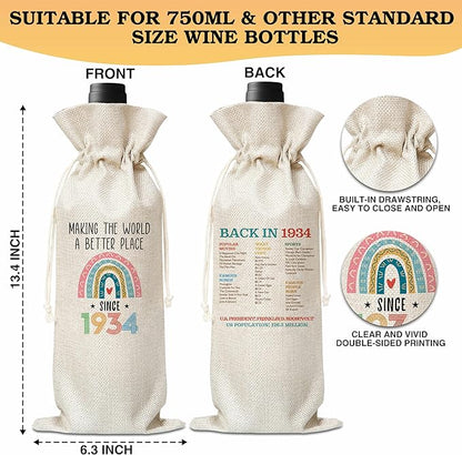 90th Birthday Gift For Women Men, Back In 1934 Birthday Wine Bag, Boho Rainbow Birthday Party Decoration Wine Bag Gifts, Happy 90th Birthday Decor For Mom Dad Grandma Grandpa, A08